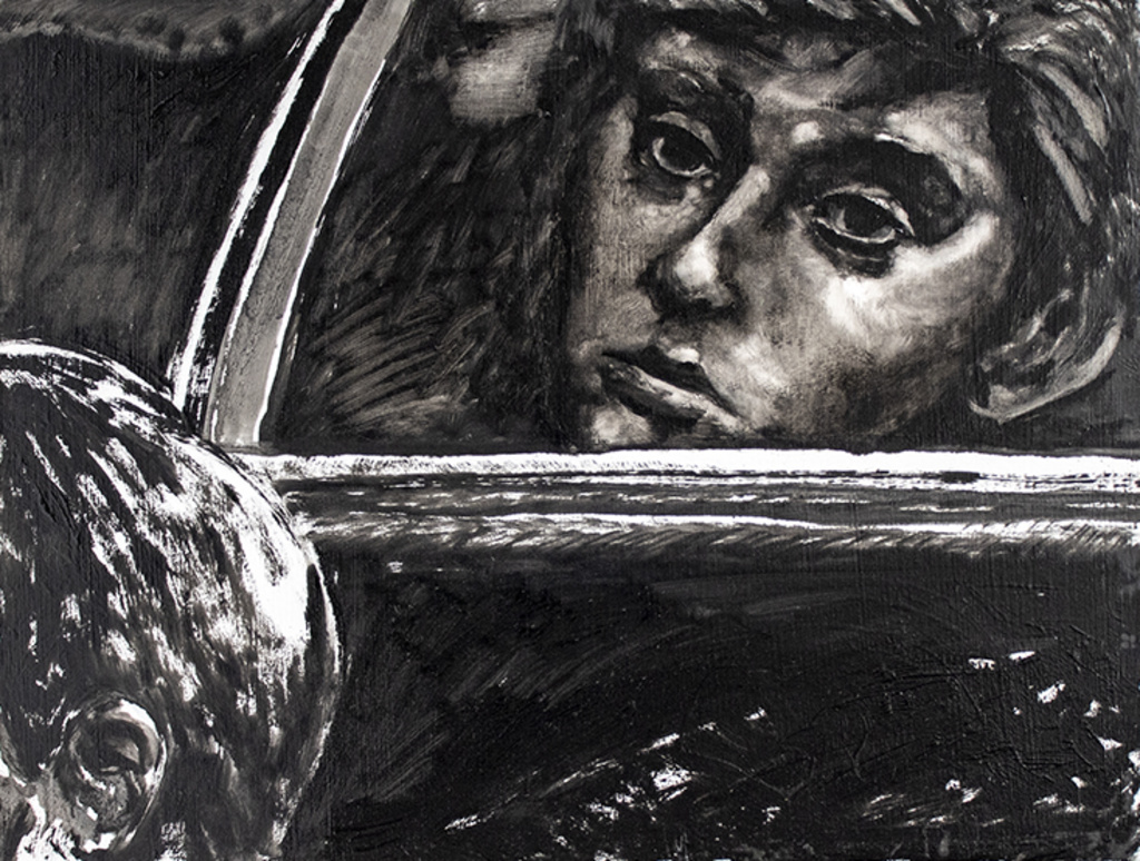 Black and white painting of person looking out of car window at another person.