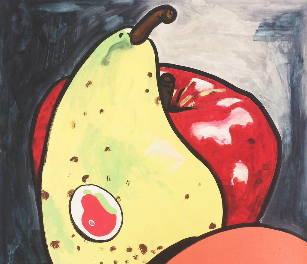 Painting of a yellow pear and a red apple.