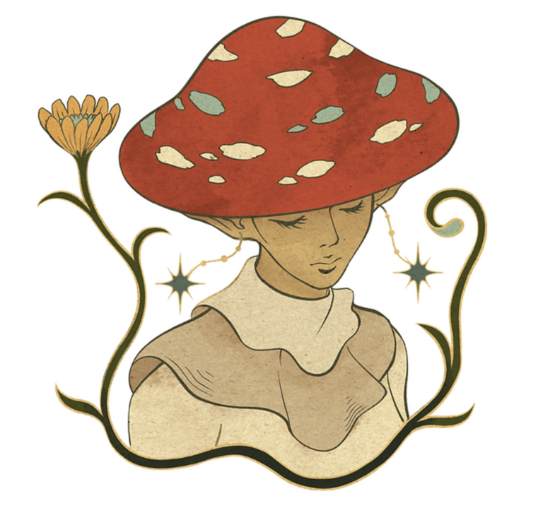 broken clock image - drawing of a woman with mushroom hat